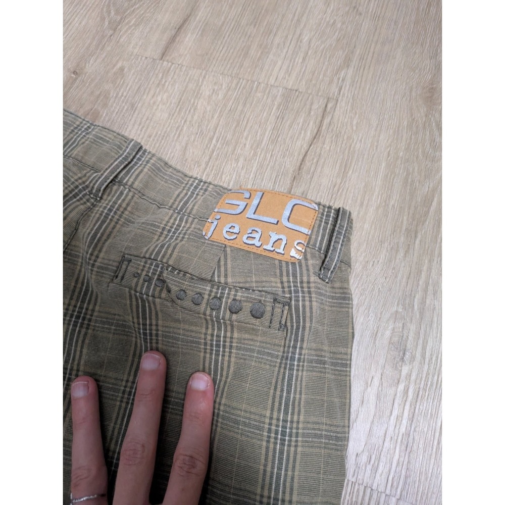 Y2K Glo Jeans Plaid Flare Pants Womens Juniors Size 3 Green Low Rise Stretch - Picture 6 of 6